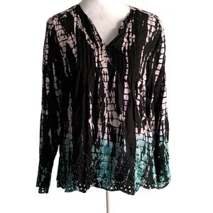 NATURAL LIFE Small Black & Teal Tie Dye Ombre Lightweight Boho Festival  Blouse
